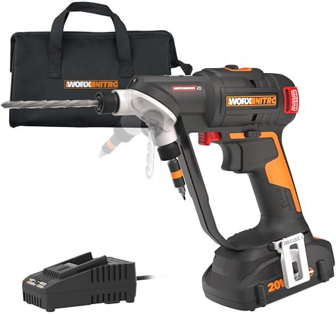 Worx Nitro 20V SwitchDriver 2.0 Brushless Cordless Drill Driver - 2-in-1 Set With Rotatable Dual 1/4 Chucks, Compact Design, Digital Torque Setting WX177L (Battery & Charger Included)