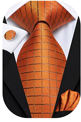 Hi-Tie Herren Seiden Orange Krawatte Set Karomuster Jacquard Krawatte mit Einstecktuch Manschettenknöpfe Für Hochzeit
