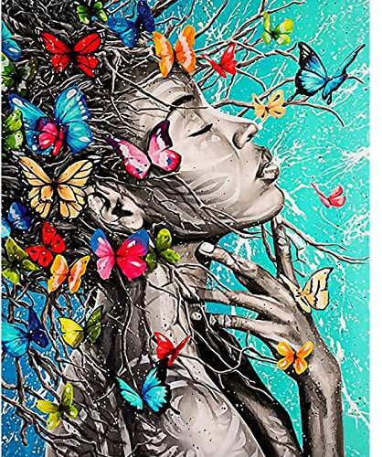 Gerahmtes Schmetterling-Malen-nach-Zahlen-Set mit Pinseln und Acryl-Pigmenten, DIY-Leinwandgemälde für Erwachsene und Kinder schwarzes Mädchen, Portraitbild, Kunsthandwerk,für Zuhause,Wanddekoration