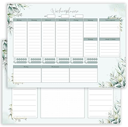 Wochenplaner To Do Notizen Skizzen Einkaufslisten Block A4 50 Blatt Beidseitig bedruckt mit Grün Blätter Motiv festes Papier 120 g/m² Wochenkalender ohne festes Datum Wochen Planer von E&G Klasse