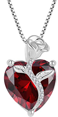 FJ Collier Pierre de Naissance Janvier Collier Grenat pour Femme Argent Sterling 925 Collier Fleur Rose Coeur Bijoux Cadeaux pour Maman Épouse Femme Fille