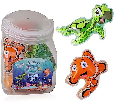 accentra Mini-Duschgel “Under the Sea – Großpackung Gastgeschenk für Kindergeburtstag, Tombolapreis oder Adventskalender – Bonbonglas mit 24 x 50 ml, 2 Motive/Düfte