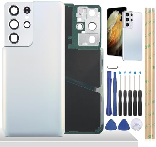 YHX-OU Silber Akkudeckel für Samsung Galaxy S21 Ultra 5G SM-G998B SM-G998U Rückseite Backcover Akkufachdeckel Ersatz Reparatur Set mit Kamera Linse Glas + Werkzeug