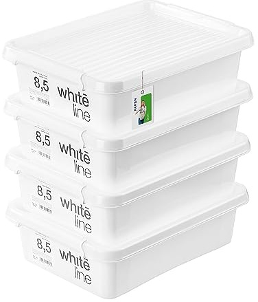 PAFEN 4x Boîte de rangement avec couvercle transparent 8,5l - 40x30x11cm - Boîtes Rangement Bacs gerbables avec clips de fermeture Bacs en plastique Boîtes à vêtements Organiseur | Blanc