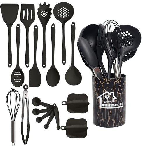18 Piezas Utensilios de Cocina de Silicona Resistente al Calor Con Cubo para Guardar (Negro)