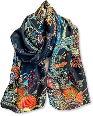 LumiSyne Seidenschal Damen Ölgemälde Blume Gedruckt Baum Muster Bunte Künstlerisch Stil Damen Seidentuch Lange Große Schals Leicht Warme Halstücher Stola Sonnencreme Kopftuch Strand Wrap Ganzjährig