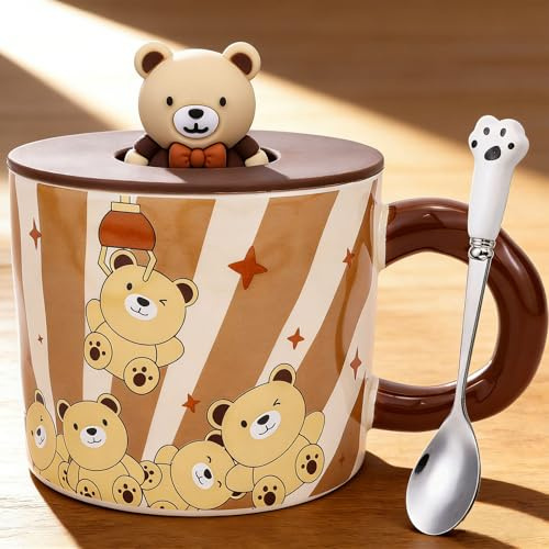 Arawat Bär Tasse mit Deckel 3d Tier Tassen Geschenk Lustige Bär Tasse Kaffeetasse Keramik 400 ml Teetasse Tee Kaffee Becher Süße Geburtstagsgeschenk für Frauen Männer Freund Jungen