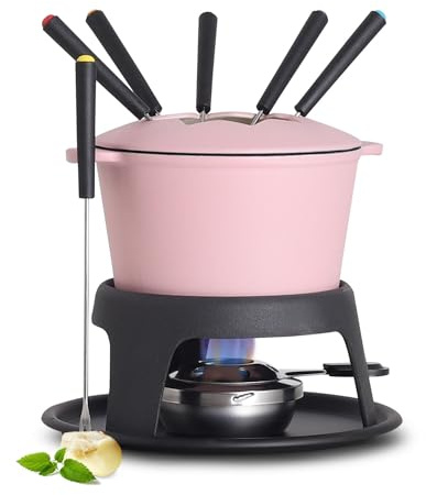 Artestia Käsefondue-Set aus Gusseisen für Schokolade Schweizer Fondue-Set Camping Fondue-Set mit 6 Fonduegabeln, 11-teiliges Käsefondue-Set für 6 Personen (Rosa)