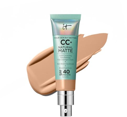 IT Cosmetics CC+ Cream Natural Matte (Neutral Medium) - Poreless Full Coverage Foundation With SPF 40, 16HR Shine Control, Color-Corrector, Skin-Balancing Serum, Noncomedogenic - 1.08 fl oz
