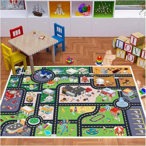 Pyrrhite Kids Rug Playroom Car Play Mat City Life Road Rug for Cars Fun City Map for Track Toys, Carpet for Bedroom Boys (City, 31×47in)