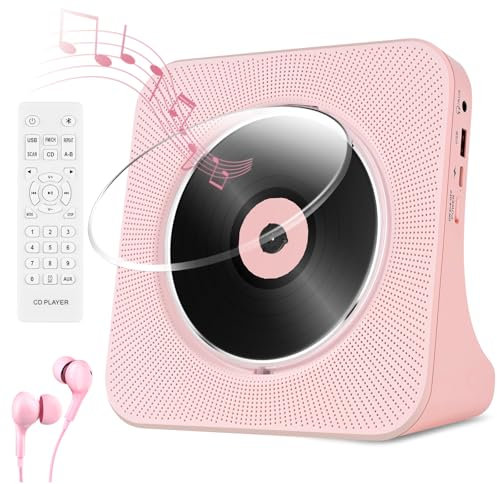 Lecteur CD Portable, Lecteur CD avec Télécommande, Lecteur CD avec Bluetooth, USB, Entrée/Sortie AUX, Lecteur CD de Bureau Enfants, Lecteur de Musique CD HiFi en Rose