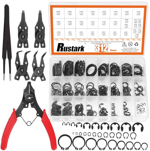 Rustark 312Pcs 4 in 1 Snap Ring Pliers with M1.5-M10 Black E-Clip Circlip Retaining Rings Assortment Kit and M4-M28 C-Clip External Snap Rings Assortment Kit with Tweezers