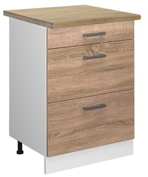 Vicco Küchenunterschrank R-Line, Sonoma, 60 cm | 3 Schubladen · AP Eiche inkl. · Höhenverstellbare Füße · ✓ Leichter Zugriff · ✓ Frei kombinierbar