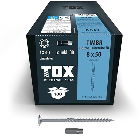 TOX Holzbauschrauben TIMBR TK 8,0 x 50 mm, 100 Stk. | Blau verzinkt, Tellerkopf TX40, für Holzbau, hohe Tragfähigkeit und leichtes Eindrehen, inkl. Bit, 112080418050