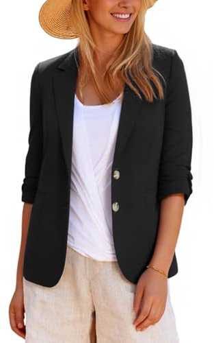 LADI TREND Lightweight Summer Black Blazers for Womens UK Long Sleeve Notch Lapel with Buttons Pockets Outerwear Dating Day to Night Top (Black M)