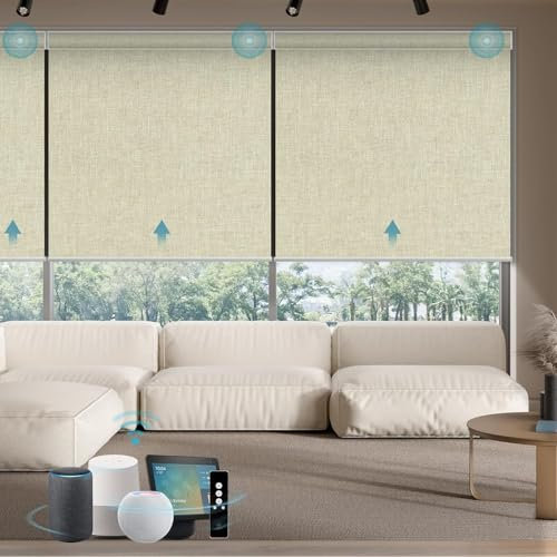 SmartWings Elektrisches Rollo mit Fernbedingung, Smart Rollo Innen 100% Verdunkelung, Kompatibel mit Alexa, Google Home, Homekit, Benutzerdefinierte Größe,Bouvardia Creme