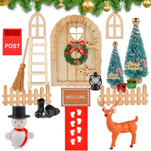 Wichteltür Zubehör Weihnachten Set 26 Stück, Holz Miniatur Weihnachtswichtel Tür Zubehör mit Licht Weihnachtsdeko Elfentür, Feentür Ornament Set, für Kinder Geschenke