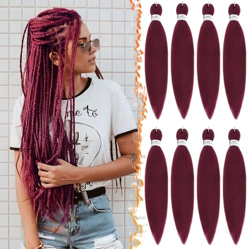 BARSDAR Pre-Stretched Braiding Hair, 66cm 8 Packs Rojo Largo Braid Extensiones Easy Braids Profesional Fibra Sintética Trenzas Africanas Extensión del Cabello Yaki Texture Pelo - 900# Borgoña