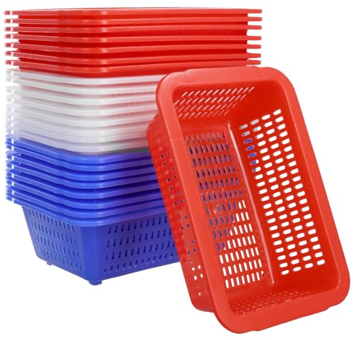 FUNSUEI 24 Stück Aufbewahrungskorb Plastik, Kleine Aufbewahrungskörbe Farbig, 3 Farben Kunststoff Korb Aufbewahrung Plastikkorb Klein für Lagerung, Organisieren, Blau, Rot, Weiß, 23 x 16 x 7 cm