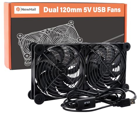 NewHail Quiet Dual 120mm Router Fan Cooler with L/M/H 3-Degree Speed Controller, DC 5V USB Powered Cooling Case Fan for Router Modem Receiver DVR PlayStation TV Box