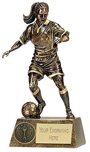 TROPHIESPLUSMEDALS 3D Gold Resin Female Football Player Trophy, 18.5cm | Resin football trophy with detailed player design and free engraving on personalised plate, ideal for clubs and leagues.