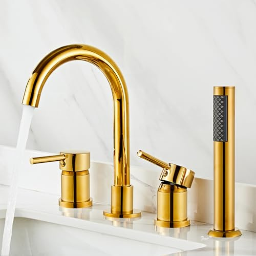 XJTNLB Mischbatterie Badewanne Gold Badewannenrandarmatur 4 Loch 360° Schwenkbar Wasserhahn Badewanne mit Dusche-B