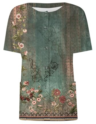 Blouse Aide Soignante Blouse D'Infirmière pour Femme Uniforme Médical Tunique À Col Rond Secrétaire Travail Top Row Bouton Cardigan Solid/Gradient/Print Vert L