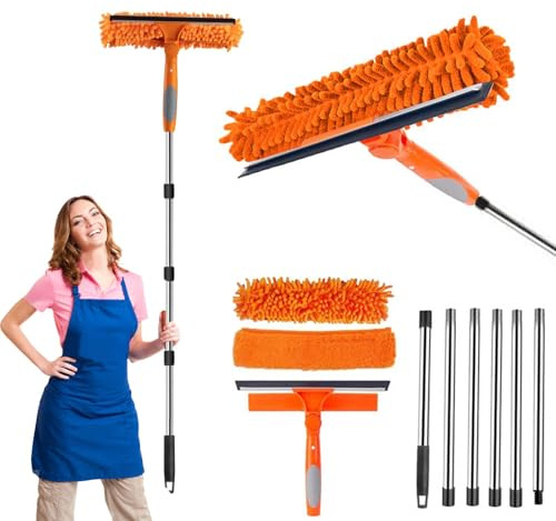 Limpiacristales con Mango Extensible(250cm), Limpiador de Ventanas con Escobilla de Silicona & 2 Paños de Microfibra, Kit de Limpieza de Cristal, para Ducha de Casa, Vidrio, Coche, RV (Naranja)