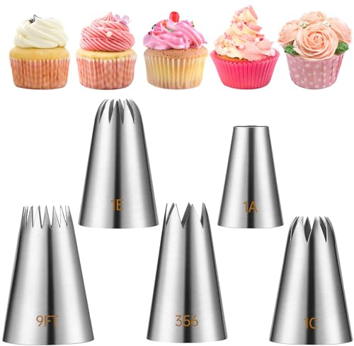 5PCS Star Tip for Piping, Large Piping Tips Set Stainless Steel French Star Tube Frosting Nozzle Cake Decorating Tip DIY Frosting Icing Tips for Cake Decorating Cupcakes Cookie (1a 1e 1c 9ft 356)