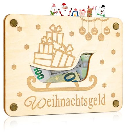 TAKULA Geldgeschenk Weihnachten Holz – Kreative Verpackung für Geldscheine | Hochwertige Lasergravur, 16x12cm. Als kreative Geldgeschenk-Verpackung zu Weihnachten oder als festliche Dekoration.