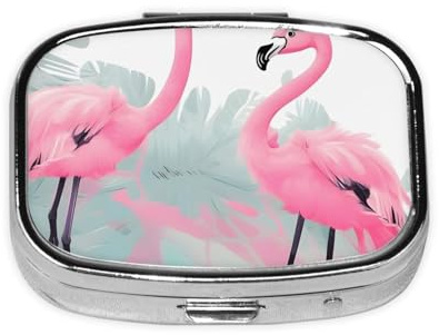 Quadratische Pillendose mit pinkem Flamingo, leicht und tragbar, mit 2 Kunststoffeinsätzen, geeignet für den Transport in Taschen oder Brieftaschen.
