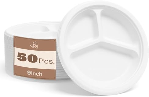 50pc 10 3 Compartment Biodegradable Bagasse Plates Eco Friendly Compostable Plates Made From 100% Natural Sugarcane Fibre, Strong, Leak Resistant, And Perfect For Hot And Cold Foods
