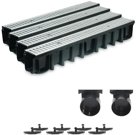 SPEEDPLANT Entwässerungsrinne A15 mit Stahlrost – 4 m Bodenrinne, 1,5 t Belastbarkeit, Tiefe 148 mm, inkl. Zubehör