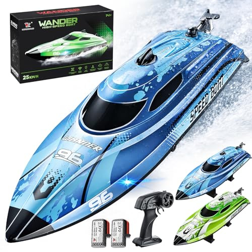 YESHIN RC Boot 25 km/h, 2,4 GHz High Speed Ferngesteuertes Boot - Blau | LED, 2 Batterien, Wasserdicht & Kentersicher, Überdruck Erinnerung, Geeignet für Pool Seen, Geschenk für Kinder & Erwachsene