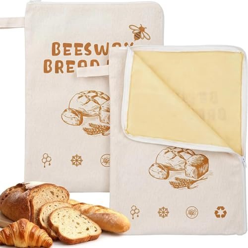 2 Pack Extra Large Beeswax Bread Bags with Zip Closure 13×17 Inch Reusable Bread Bags Reusable Cotton Linen Bread Storage Bags with Natural Beeswax Lining for Sourdough & Artisan Loaves
