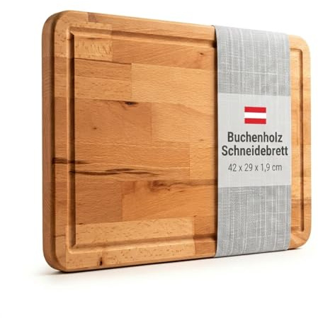 wohhwo Tagliere in legno di faggio massiccio, 42 x 29 x 1,9 cm, oliato, con scanalatura per succo, per tagliare e servire, qualità artigianale austriaca, per cucina e servire, utilizzabile su entrambi