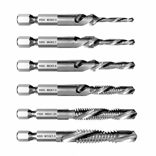 6 Stück Gewindebohrer Set, Kombi-Bohrer und Gewindeschneider Set, M3 M4 M5 M6 M8 M10 Kombigewindebohrer Sets, Bohrer mit Sechskantschaft für Metall, Holz, Kunststoff