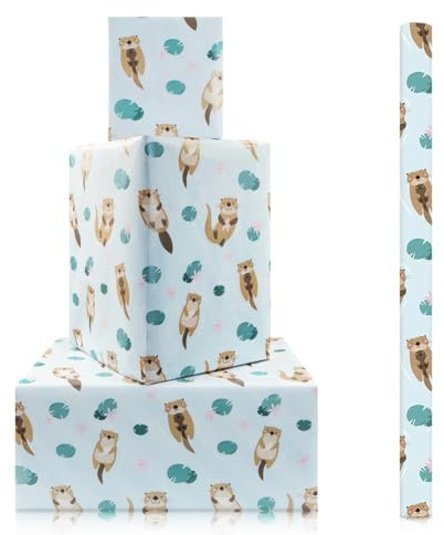 Otter Geschenkpapierrolle, niedlicher bezaubernder Otter mit grünen Blättern und rosa Blumen, hellblaues Geschenkpapier, 1 Mini-Rolle, 43 x 300 cm pro Rolle, Tier-Geschenkpapier für Geburtstag