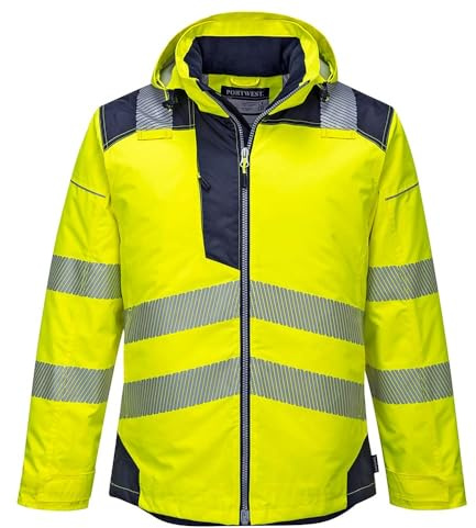 Portwest T400 Parka Winter Brusttasche mit Reißverschluss 4 Taschen Langarm | Gelb/Marine, XL, EN ISO 20471 Klasse 3, EN 342, 300D Oxford, Polyester, Wasserfest, Stehkragen, Wasserdicht, Leicht, Kapuze