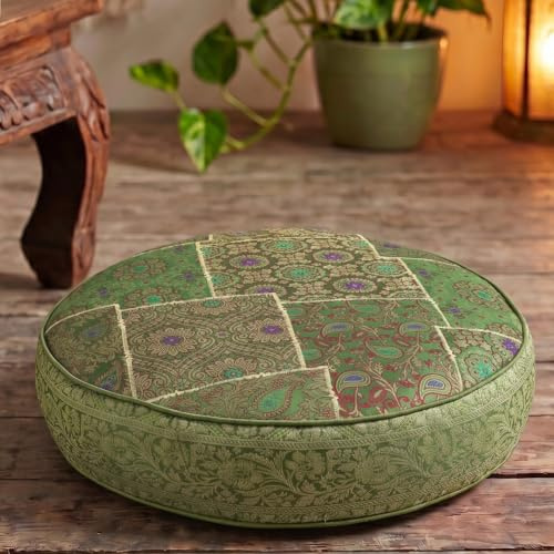 GURU SHOP Orientalisches Rundes Patchwork Kissen 40 cm, Sitzkissen, Bodenkissen mit Baumwollfüllung - Grün