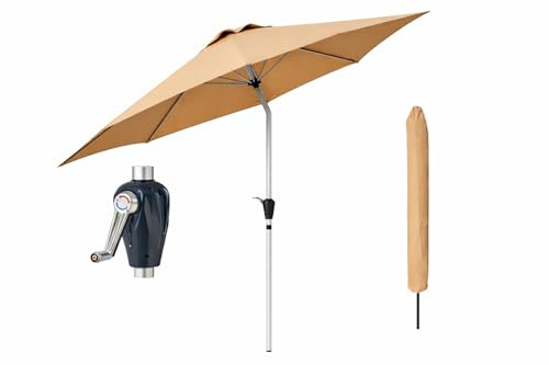 GlamHaus Garden Parasol Tilting Table Umbrella, UV40+ Protection, 2.7m, Includes Protection Cover, Crank Handle, Gardens and Patios - Robust Aluminium - (Khaki Sand)