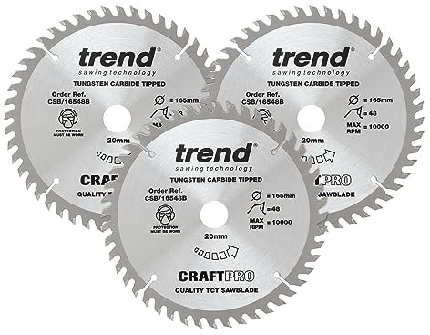 Trend Wood Circular Saw Blades, 165mm Diameter, 20mm Bore, 48 Teeth, 2.2mm Kerf, +15° Hook, TCT, Fine Finish, 3 Pack, CSB/165/3PK/A