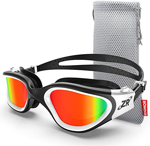 ZIONOR Gafas de natación, G1 MAX polarizadas para natación con protección UV, antiempañamiento, correa ajustable para adultos y hombres y mujeres (A2-White-Red)