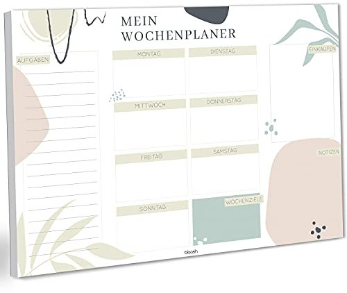 blaash® Wochenplaner Block DIN A4 ohne festes Datum | 50 Seiten Planer mit Wochenübersicht, Listen für Aufgaben, Notizen & Ideen | Optimale Organisation & Motivation im Alltag | Clean