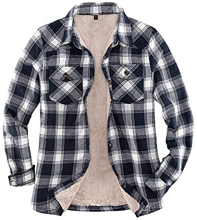 ZENTHACE Damen-Sherpa-Fleece-Futterte Plaid-Flannel-Jacke, Knopfverschluss-Flannel-Hemdjacke (Vollständige Sherpa-Futterung)