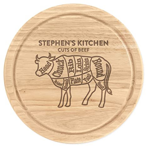 Personnalisé Nom Coupes De Boeuf Table Vache de Boucher Guide Planche à Découper en Bois Rond 25cm Viande Portion Barbecue Grill