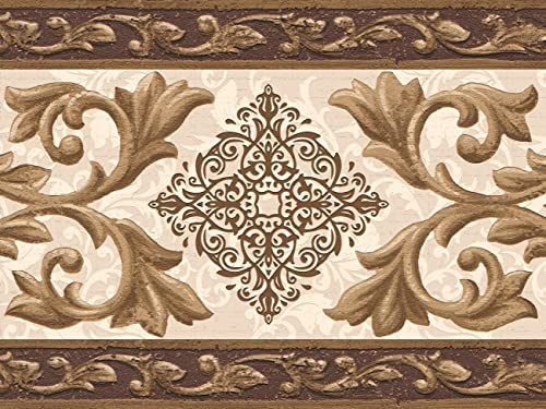 Dundee Deco DDAZBD9103 Tapetenbordüre zum Abziehen und Aufkleben, Damast, goldbraune Schnörkeln, Wandbordüre, Retro-Design, 4,57 m x 17,78 cm, selbstklebend