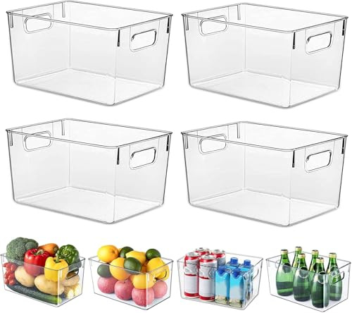 HPYLIF·H Fridge Organiser, Clear Pantry Organizer Bins, Food Storage Basket for Kitchen, Countertops, Cabinets, Refrigerator, Freezer, Bedrooms (4 Pack, L(30x20x15CM))