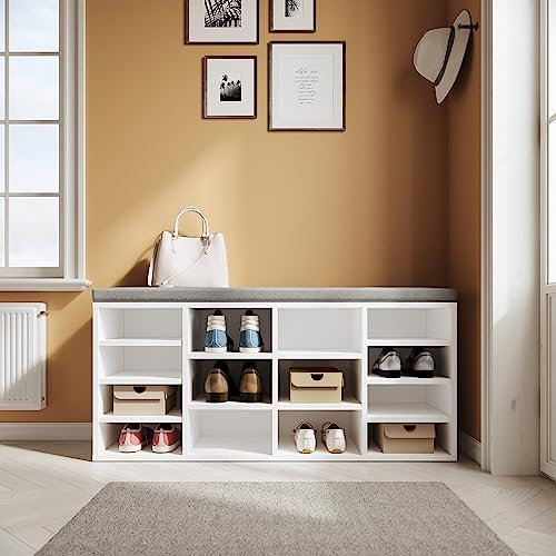 SUNXURY Schuhbank aus Holz weiß Schuhbank mit Sitzkissen Schuhschrank mit 14 Fächern Schuhregal mit Stauraum 103,5 x 30 x 48 cm