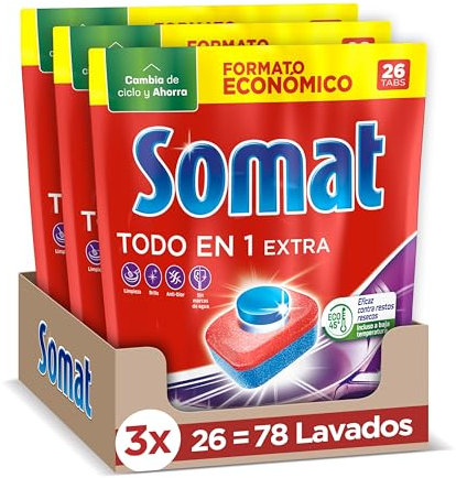 Somat Todo en 1 Extra Pastillas (3 x 26 tabs), detergente lavavajillas anti-olor para vajilla, pastillas lavavajillas para ciclos eco y cortos, eliminan la suciedad incrustada